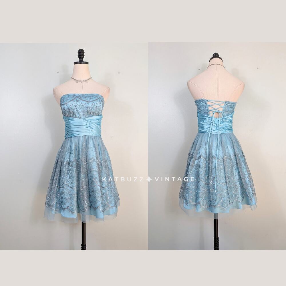 Vintage Morgan Co Prom Dress Mini Gown 4 Blue Corset Hoco Fairy Princess Y2K